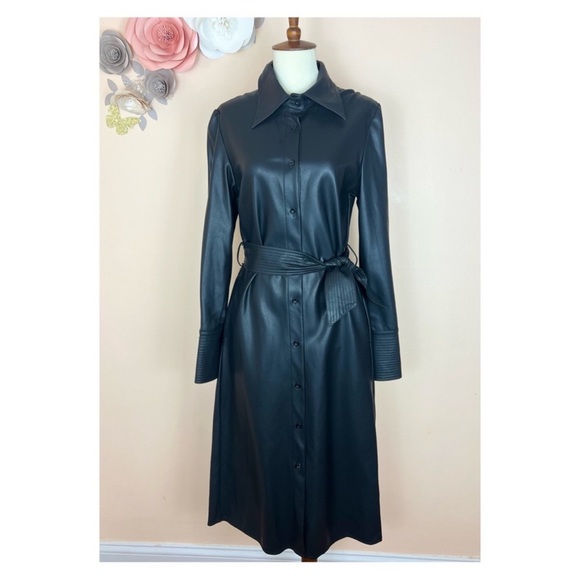 New! GRACIA Puff Sleeve Vegan Leather Trench Coat Midi Dress - Picture 4 of 16